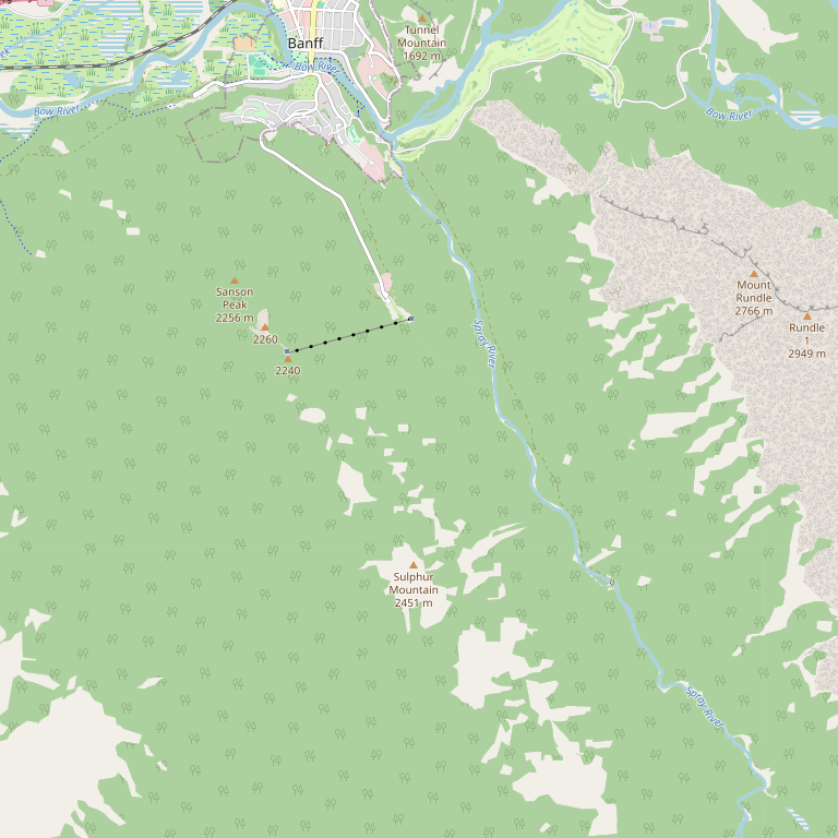 OpenStreetMap map showing Banff, Mountain Avenue, Banff Gondola, Sanson Peak, and Sulphur Mountain